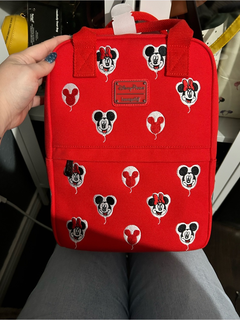 Loungefly Red Mini Backpack with Embroidered Mickey & Minnie Balloon Motifs